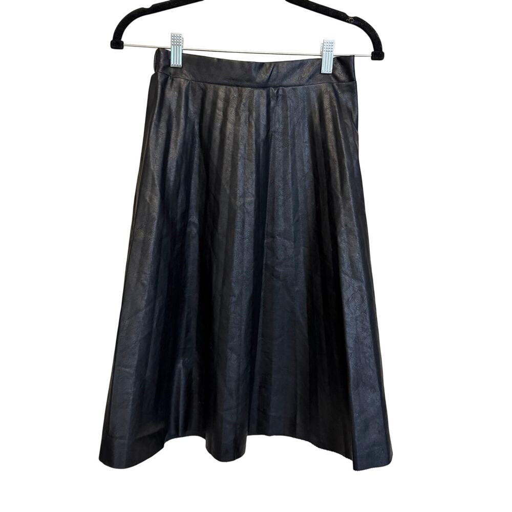 Udel New York Faux Leather A-Line Skirt Small Black Pleated Midi Goth Edgy Chic